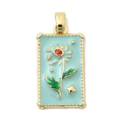 Аквамарин Латунь эмаль подвески, прямоугольник и цветок, стойки покрытие, долговечный, без кадмия и без свинца, золотые, аквамарин, 28.5x15.5x3.5 мм, отверстие : 3.5 мм