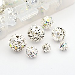 Mixed Color Grade A Brass Rhinestone Beads, Round, Silver Color Plated Metal Color, Mixed Style, Mixed Color, 6~12mm, Hole: 1mm, about 110pcs/box