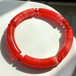 Red Acrylic Curved Tube Beaded Stretch Bracelet, Imitation Gemstone Jewelry for Women, Red