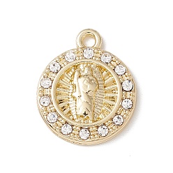 Light Gold Сплав микро проложить цирконий подвески, плоские круглые с Девой Марией, золотой свет, 15x12.5x2.5 мм, отверстие : 1.4 мм