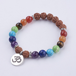 Mixed Stone Yoga Chakra Jewelry, Gemstone and Bodhi Wood Stretch Charm Bracelets, with Tibetan Style Alloy Pendant, Om Symbol, 51mm, about 22pcs/strand