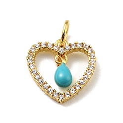 Turquoise Rack Plating Brass Micro Pave Cubic Zirconia Pendants, with Enamel and Jump Ring, Long-Lasting Plated, Golden, Heart, Cadmium Free & Nickel Free & Lead Free, Turquoise, 12.5x12x1.5~3mm, Jump Ring: 5x0.7mm, Hole: 3.4mm