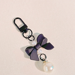 Black Macaron Color Plastic Bowknot and Round Pendant Keychain, with Clasp, Black, 90mm
