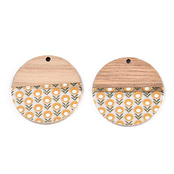 Sandy Brown Printed Resin & Wood Pendants, Flat Round Charm with Flower Pattern, Sandy Brown, 35x2~3mm, Hole: 2mm