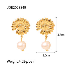 JDE2023349 Vintage Chic Daisy Pearl Earrings - French Style Fashionable and Versatile Titanium Steel Ear Jewelry