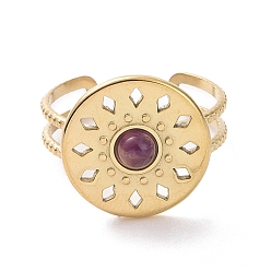 Golden Natural Amethyst Flat Round Open Cuff Rings, Titanium Steel Jewelry for Women, Golden, Inner Diameter: 19mm