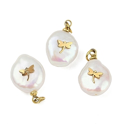 Dragonfly Натуральные кеши жемчужные подвески, подвески-слезинки с 316 ломтиками из нержавеющей стали, ионное покрытие (ip), реальный 18 k позолоченный, цветочный белый, стрекоза, 15~18x10~12x6~7 мм, отверстие : 2.8 мм