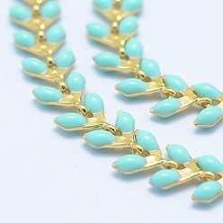 Cyan Brass Handmade Chains, Unwelded, with Enameled Cobs, Long-Lasting Plated, Leaf, Real 18K Gold Plated, Cyan, 6.5x6x0.5mm