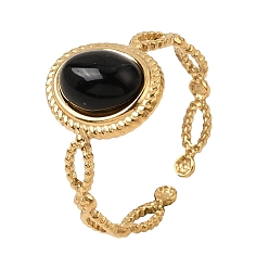 Black Onyx 304 Stainless Steel Cuff Open Rings for Women, Oval, with Natural Black Onyx, Ion Plating(IP), Golden, 11.5mm, Inner Diameter: 17mm