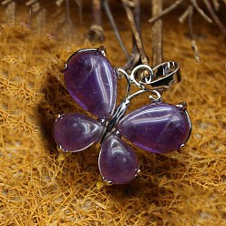 Amethyst Natural Amethyst Pendants, Butterfly Charms with Metal Snap on Bails, 24x30mm