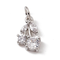 Platinum Brass Micro Pave Cubic Zirconia Charms, with Jump Rings, Cherry Charms, Platinum, 12x7.5x3mm, Hole: 3.4mm