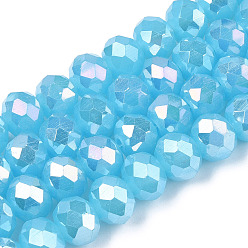 Deep Sky Blue Electroplate Glass Beads Strands, Imitation Jade Beads, AB Color Plated, Faceted, Rondelle, Deep Sky Blue, 10x8mm, Hole: 1mm, about 63~65pcs/strand, 19.2~20 inch(48~50cm).