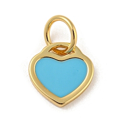 Deep Sky Blue Rack Plating Brass Charms, with Jump Ring and Enamel, Cadmium Free & Lead Free, Long-Lasting Plated, Heart Charm, Real 18K Gold Plated, Deep Sky Blue, 10x9.5x1mm, Hole: 4.4mm