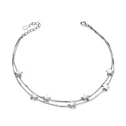 Platinum SHEGRACE Rhodium Plated 925 Sterling Silver Anklet, with Double Layered Chains and Stars, Platinum, 8-1/4 inch(210mm)