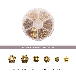 Antique Golden 1Box Mixed Style Tibetan Style Alloy Flower Bead Caps, Antique Golden, 7~10x4~10mm, Hole: 1~2mm, about 30pcs/compartment