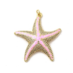 Pink Латунь эмаль подвески, прелести морская звезда, реальный 18 k позолоченный, с целью перехода в кольце, без свинца и без кадмия, долговечный, стойки покрытие, розовые, 38x36x7 мм, отверстие : 3.4 мм