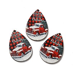 Red Single Face Printed Wood Big Pendants, Christmas Teardrop Charms, Red, 54x36.5x2.4mm, Hole: 2mm