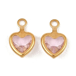 Pink 304 из нержавеющей стали стеклянные подвески, сердце прелести, граненые, ионное покрытие (ip), долговечный, реальный 18 k позолоченный, розовые, 9x6x3 мм, отверстие : 1.2 мм