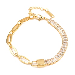 Золотой 304 из нержавеющей стали Figaro цепи браслеты, Прямоугольные цепочки с кристаллами для женщин, золотые, 7.13 дюйм (18.1 см)