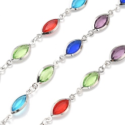 Разноцветный Латунные стеклянные цепи с конским глазом, с катушкой, долговечный, пайки, без свинца и без кадмия, стойки покрытие, платина, красочный, 16.5x6x2 мм