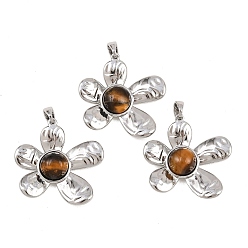 Платина Природных тигровый глаз подвески, цветочные подвески с латунной оправой, платина, 24x25.5x6.5 мм, отверстие : 4x2.5 мм