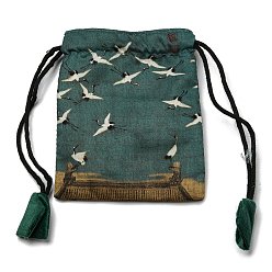 Teal Rectangle Chinese Style Cloth Jewelry Drawstring Gift Bags for Earrings, Bracelets, Necklaces Packaging, Crane Pattern, Teal, 12x10cm
