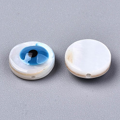 Dodger Blue Natural Freshwater Shell Beads, with Enamel, Flat Round with Evil Eye, Dodger Blue, 9x3.5mm, Hole: 0.8mm