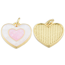 Pink Brass Enamel Pendants, with Jump Rings and Shell, Real 18K Gold Plated, Nickel Free, Heart, Pink, 15x16x3.5mm, Jump Ring: 5x1mm, 3mm inner diameter