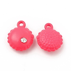 Deep Pink Spray Painted Alloy Pendants, with Rhinestone, Flat Round Charm, Deep Pink, 12x9.5x4.5mm, Hole: 1.2mm