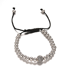 Couleur Acier Inoxydable Rondes bracelets tressés de perles 304 en acier inoxydable, avec accessoire zircone cubique micro pave en laiton, couleur inox, 50~90mm