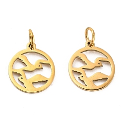 Bird 304 Stainless Steel Charms, with Jump Ring, Flat Round Charm, Laser Cut, Golden, Bird, 13.5x11.5x1mm, Hole: 3.4mm