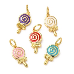 Mixed Color Rack Plating Brass Pendants, with Enamel and Jump Ring, Long-Lasting Plated, Golden, Lollipop Charm, Mixed Color, 19x9.5x2.5mm, Hole: 5mm