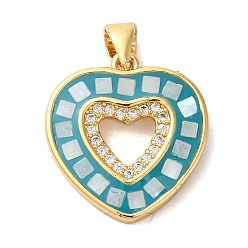 Бирюза Стойки обшивки латунь кубического циркония подвески, с эмалью и ракушкой, долговечный, без свинца и без кадмия, реальный 18 k позолоченный, сердце, бирюзовые, 20x18x3 мм, отверстие : 5x4 мм