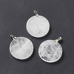 Quartz Crystal Natural Quartz Crystal Pendants, Rock Crystal Pendants, Flat Round Charms with Tree of Life Pattern, with Rack Plating Platinum Tone Brass Findings, Cadmium Free & Lead Free, 30x4~8mm, Hole: 4x4mm