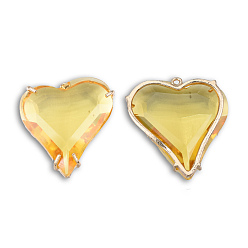 Light Khaki Transparent K9 Glass Pendants, with Light Gold Plated Brass Findings, Cadmium Free & Lead Free, Faceted, Heart, Light Khaki, 26.5x26.5x7.5mm, Hole: 1.2mm