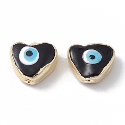 Black Brass Beads, with Enamel, Real 18K Gold Plated, Heart with Evil Eye, Black, 14.5x16x7mm, Hole: 1.6mm