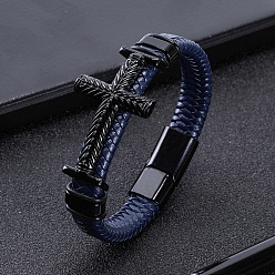 Синий Плетеные браслеты из искусственной кожи для мужчин, крестик, с магнитной застежкой сплава, синие, 8-5/8 дюйм (22 см)