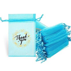Dark Turquoise Rectangle Organza Drawstring Gift Bags, Candy Storage Printed Pouches with Word Thank You, Dark Turquoise, 15x10cm