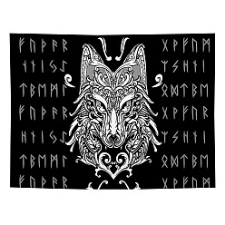 Schwarz Polyester-Wikinger-Wolf-Wandbehang, Rechteckiger Meditations-Runen-Wandteppich für die Dekoration von Schlafzimmer und Wohnzimmer, Schwarz, 150x130 mm