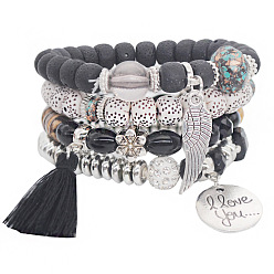 black Fashion Multi-layer Bracelet with Tassel Angel Wing Pendant - Star Moon Bodhi Beads