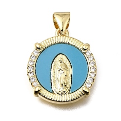 Light Sky Blue Religion Brass & Clear Cubic Zirconia & Acrylic Pendants, Flat Round with Virgin Mary Pattern Charms, Real 16K Gold Plated, Light Sky Blue, 18x16x3mm, Hole: 4x3mm