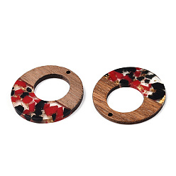 FireBrick Transparent Resin & Walnut Wood Pendants, with Gold Foil, Donut Charms, FireBrick, 38x3mm, Hole: 2mm