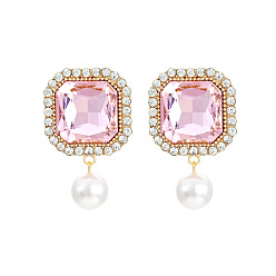 pale pinkish gray Colorful Square Glass Earrings with Sparkling Crystal and Pearl Pendant for Women