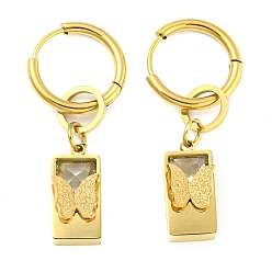 Golden Ion Plating(IP) 304 Stainless Steel Rectangle with Butterfly Dangle Hoop Earrings, with Glass Beaded for Women, Golden, 38x7.5mm