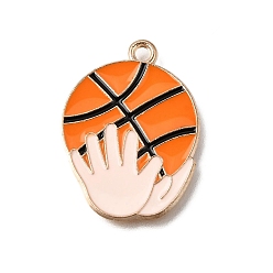 Basketball Сплав с эмалевыми подвесками, Баскетбол прелести, красочный, золотой свет, рука держит баскетбольный мяч, 27x20.5x1.5 мм, отверстие : 1.6 мм