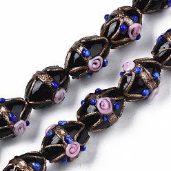 Black Handmade Gold Sand Lampwork Beads Strands, Ovald with Flower, Black, 16~17x13~15x12~13mm, Hole: 1.4~1.8mm, about 30pcs/strand, 19.69 inch(50cm)