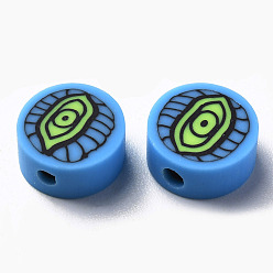 Стально-синий Бусины из полимерной глины , плоские круглые с глаз, стальной синий, 9~10x4~5 мм, отверстие : 1.8 мм