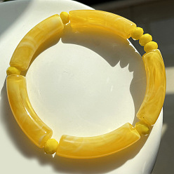 Goldenrod Acrylic Curved Tube Beaded Stretch Bracelet, Imitation Gemstone Jewelry for Women, Goldenrod