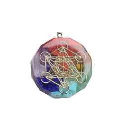 Colorful 7 Chakra Gemstone Orgone Pendants, Reiki Healing Crystal Resin Polygon Charms with Metal Good Luck Yoga Slice, Colorful, 35x10mm