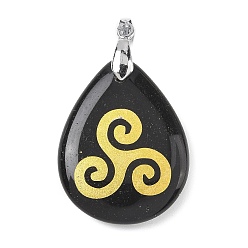 Обсидиан Природные подвески обсидиана, с реечной обшивкой латунными выводами, без кадмия и без свинца, подвеска в виде капли и знака, 31x25x5~7 мм, отверстие : 4.5x4 мм